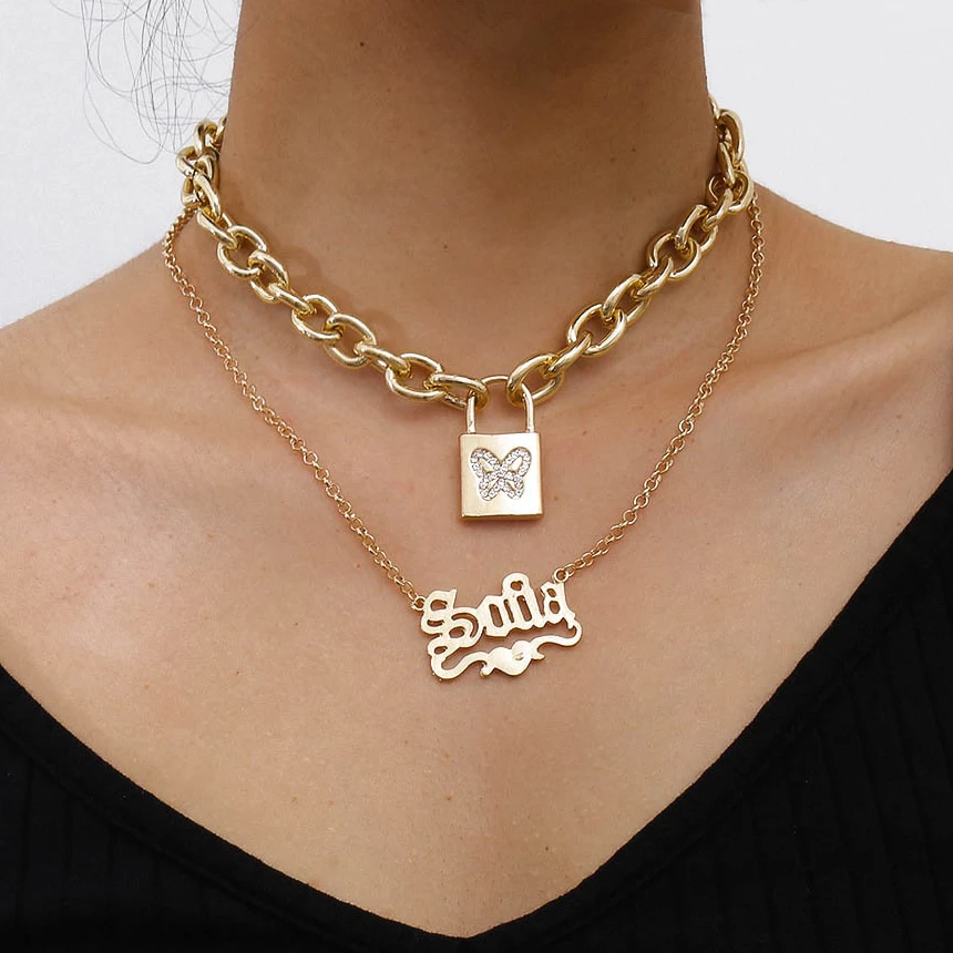 Thicken Chain Lock Pedant Necklace for Women 2PCS Layered Butterfly Padlock Men Choker Neckalce 2020 Trendy Latter Neck Jewelry
Thicken Chain Lock Pedant Necklace for Women 2PCS Layered Butterfly Padlock Men Choker Neckalce 2020 Trendy Latter Neck Jewelry