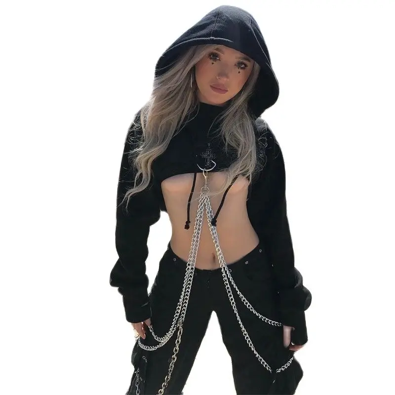 Summer New Women Casual Cool Girl Black Top Fashion Hooded Long Sleeve Jacket Metal Chain Printing Women Top
Summer New Women Casual Cool Girl Black Top Fashion Hooded Long Sleeve Jacket Metal Chain Printing Women Top