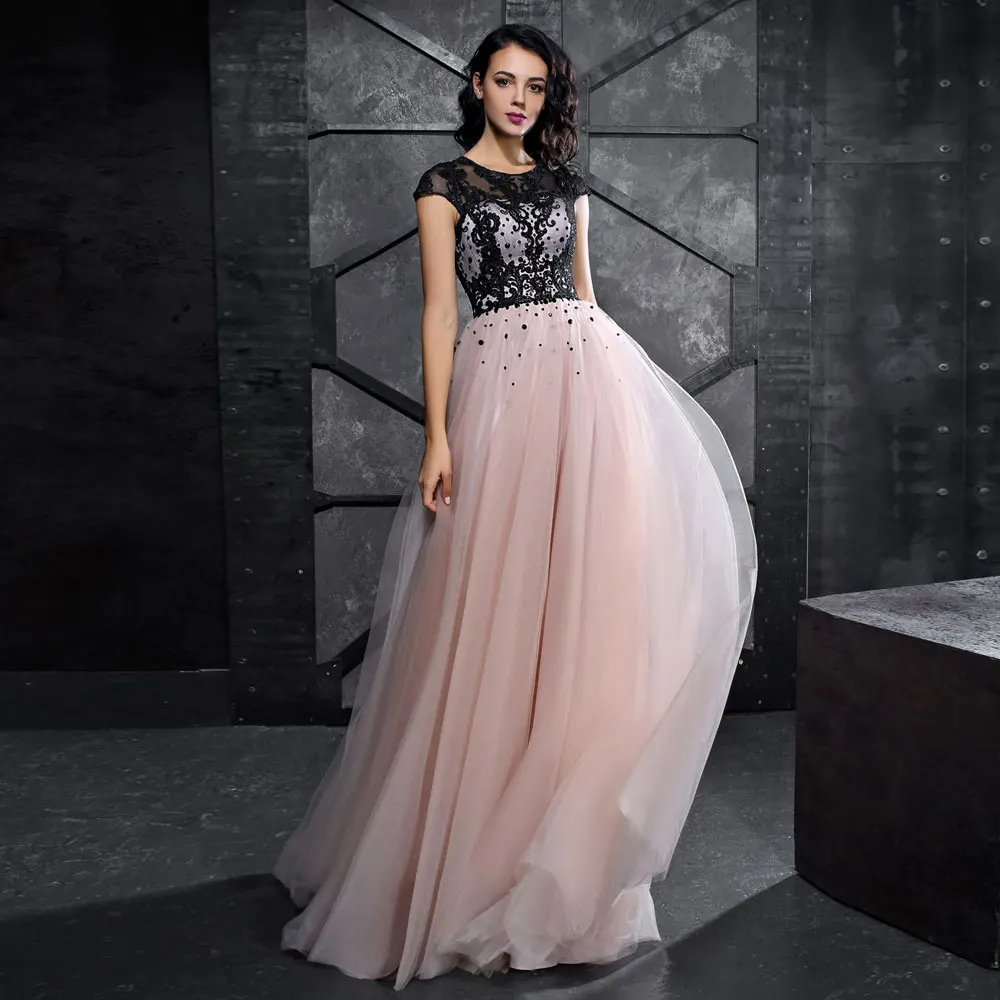 

A-line Net/Tulle Jewel Sweep/Brush Floor length Beading Applique Banbage Open back Evening Dresses high quality Fashion