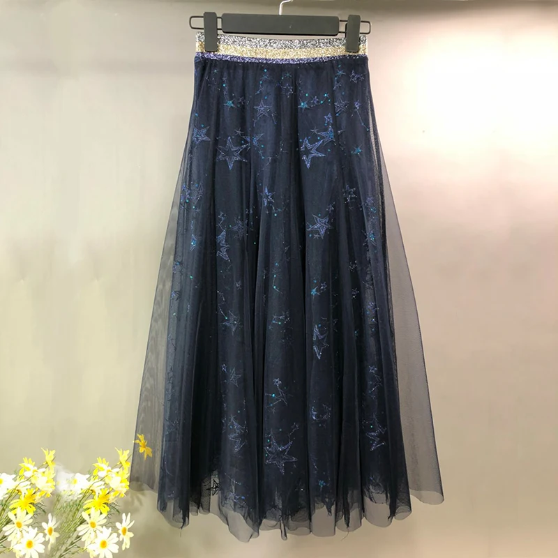 New without Star Sky Sequins Heavy Industries Embroidery Elastic waist Medium length Mesh Half length Skirt
New without Star Sky Sequins Heavy Industries Embroidery Elastic waist Medium length Mesh Half length Skirt