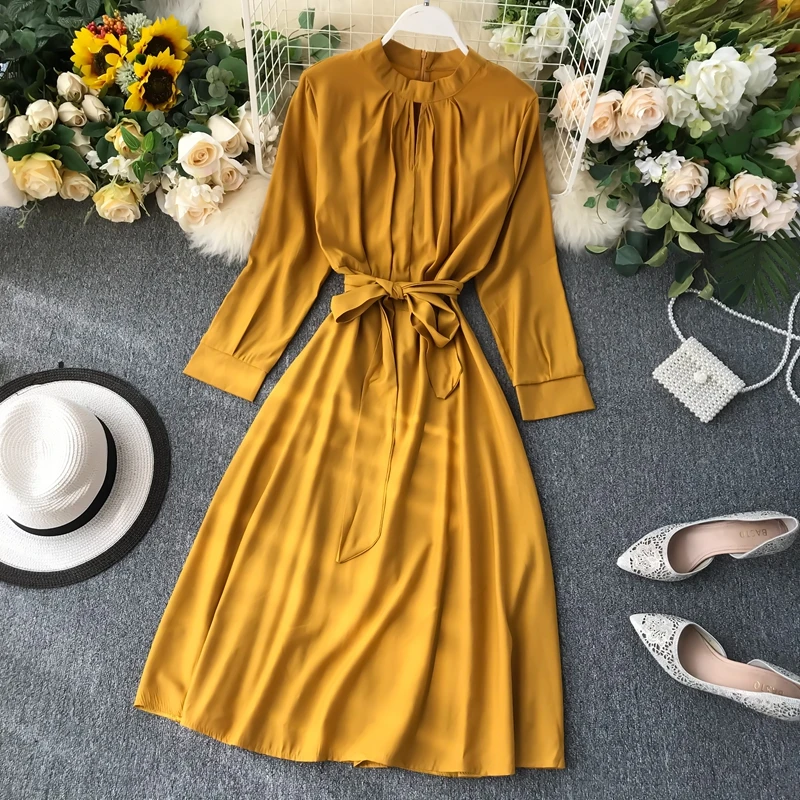 Women's autumn new fashion A-line pure color dress one size chic slim vintage sashes hollow out long dress TB3272
Women's autumn new fashion A-line pure color dress one size chic slim vintage sashes hollow out long dress TB3272