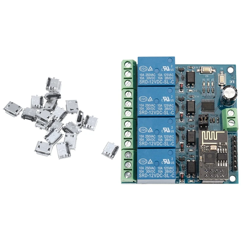 20 Pcs DIY Micro-USB 5 Pin Female Connector Glass Surface & 1 Pcs 12V ESP8266 Four Ways Wifi Relay Remote Control Switch 
20 Pcs DIY Micro-USB 5 Pin Female Connector Glass Surface & 1 Pcs 12V ESP8266 Four Ways Wifi Relay Remote Control Switch