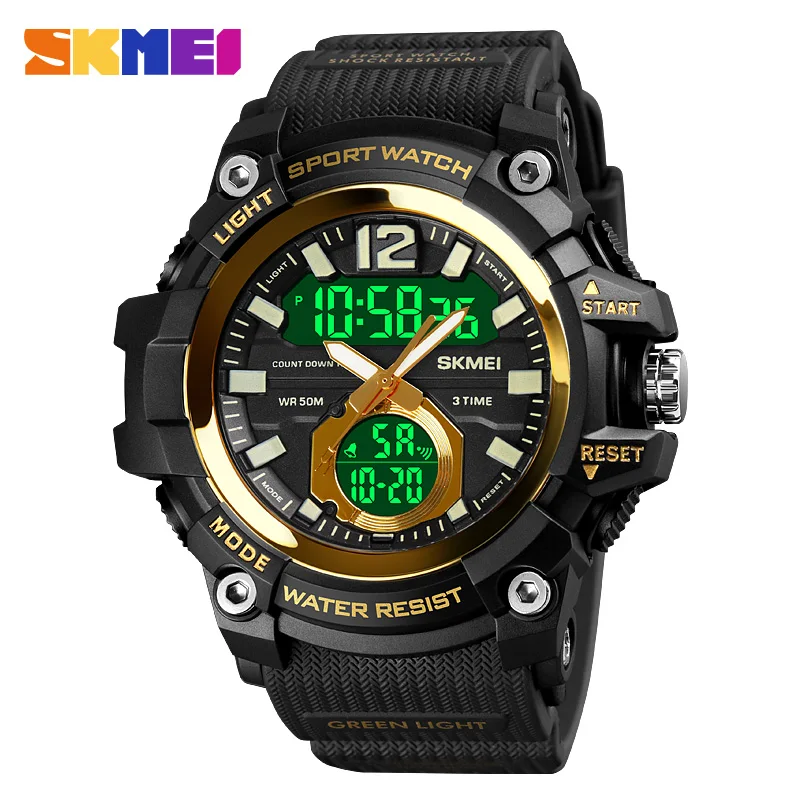 

SKMEI Military 3 Time LED Dual Display Analog Clock Men Sport Watches 50m waterproof Digital Wristwatch Relogio Masculino 1725