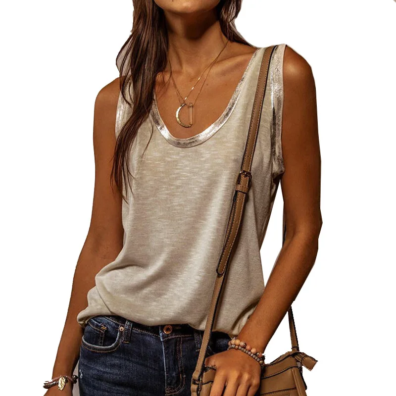 Fashion Neckline Bronzing Sleeveless Round Neck Loose Tank Top Polyester Soft Summer Breathable Loose Vest Ladies Simple T-Shirt
Fashion Neckline Bronzing Sleeveless Round Neck Loose Tank Top Polyester Soft Summer Breathable Loose Vest Ladies Simple T-Shirt