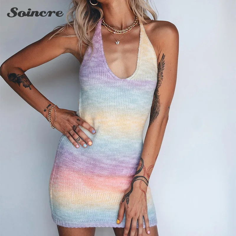 SOINCRE 2021 Women's Dress Rainbow Gradient Knitted Sleeveless Backless Halterneck Lace V-neck Sexy Party Club Beach Mini Dress
SOINCRE 2021 Women's Dress Rainbow Gradient Knitted Sleeveless Backless Halterneck Lace V-neck Sexy Party Club Beach Mini Dress