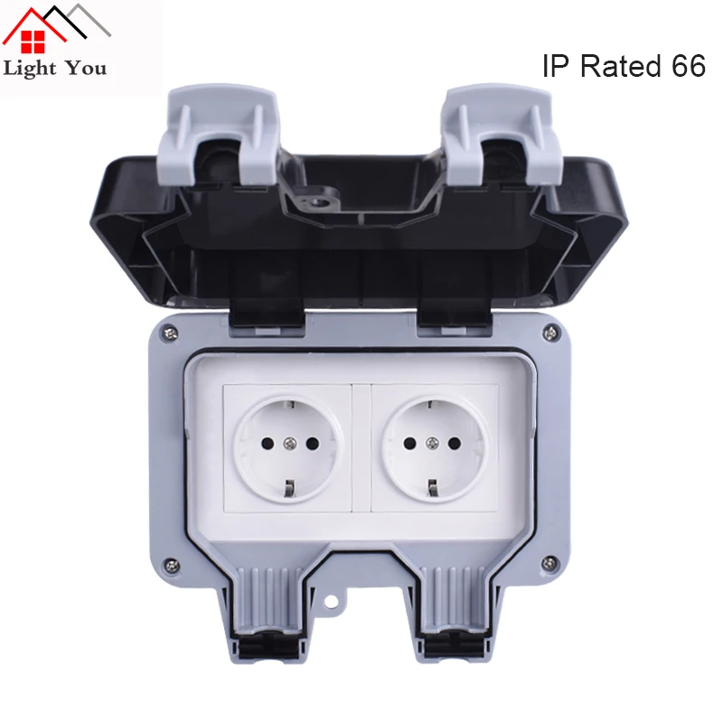 

IP66 Weatherproof Waterproof Outdoor Wall Power Socket 16A Double EU Standard Electrical Outlet Grounded AC 110~250V