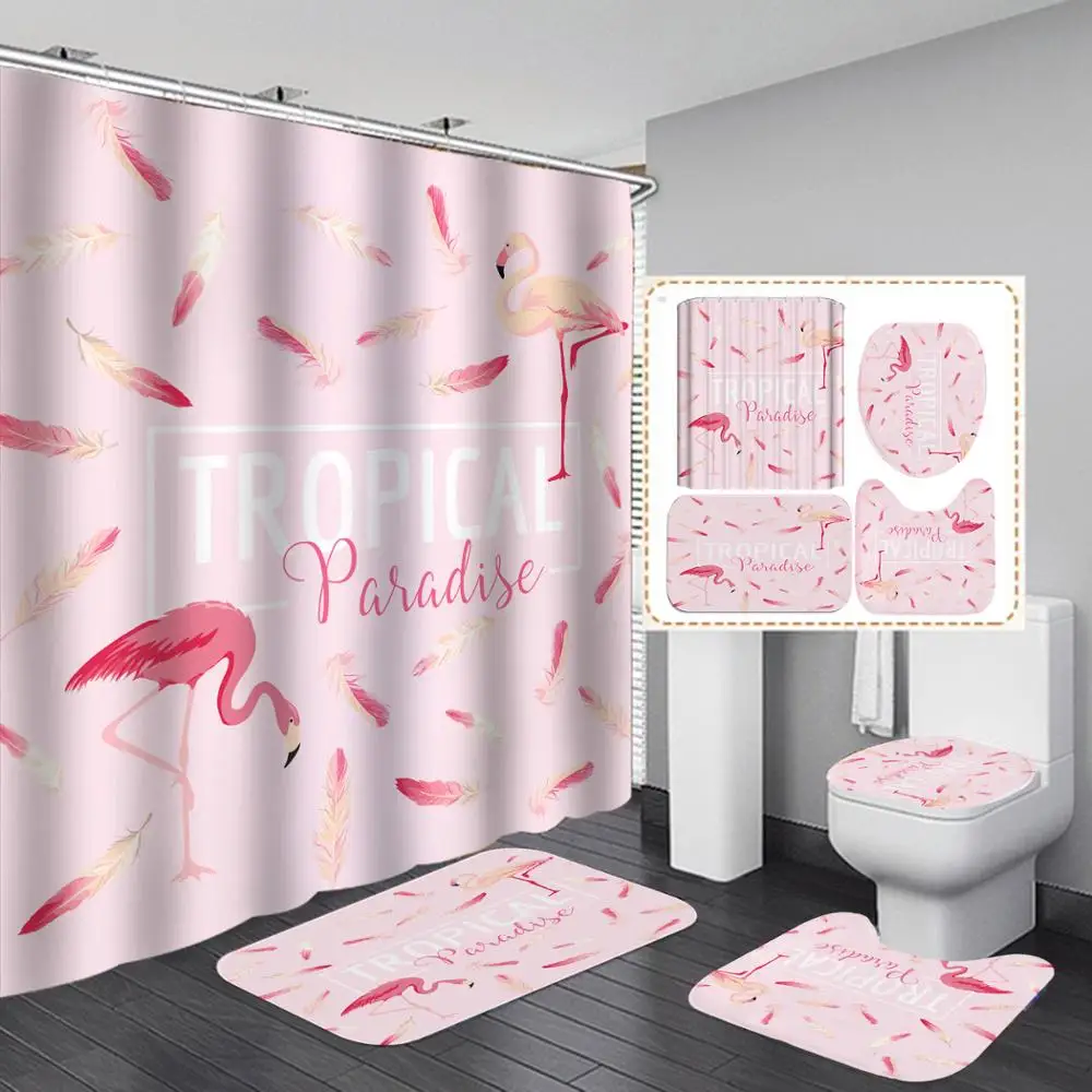 Фото Занавеска для душа с рисунком Фламинго 4 шт. ковровое покрытие - купить