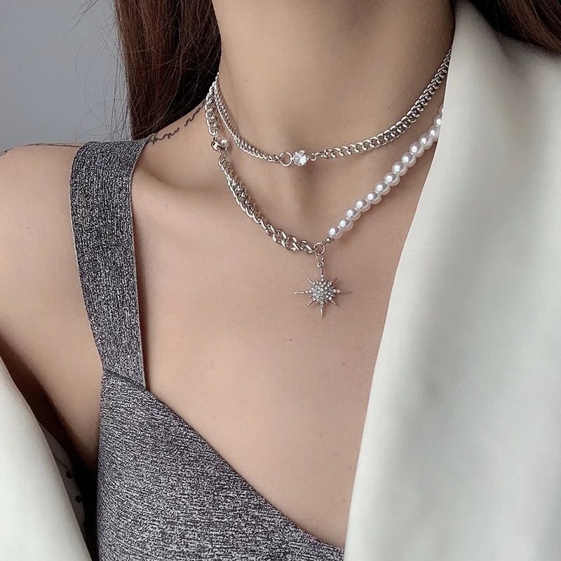 

Женское многослойное Ожерелье Стразы, ожерелье с подвеской в виде звезды, жемчужная цепочка, чокеры, украшение в стиле панк, 2021