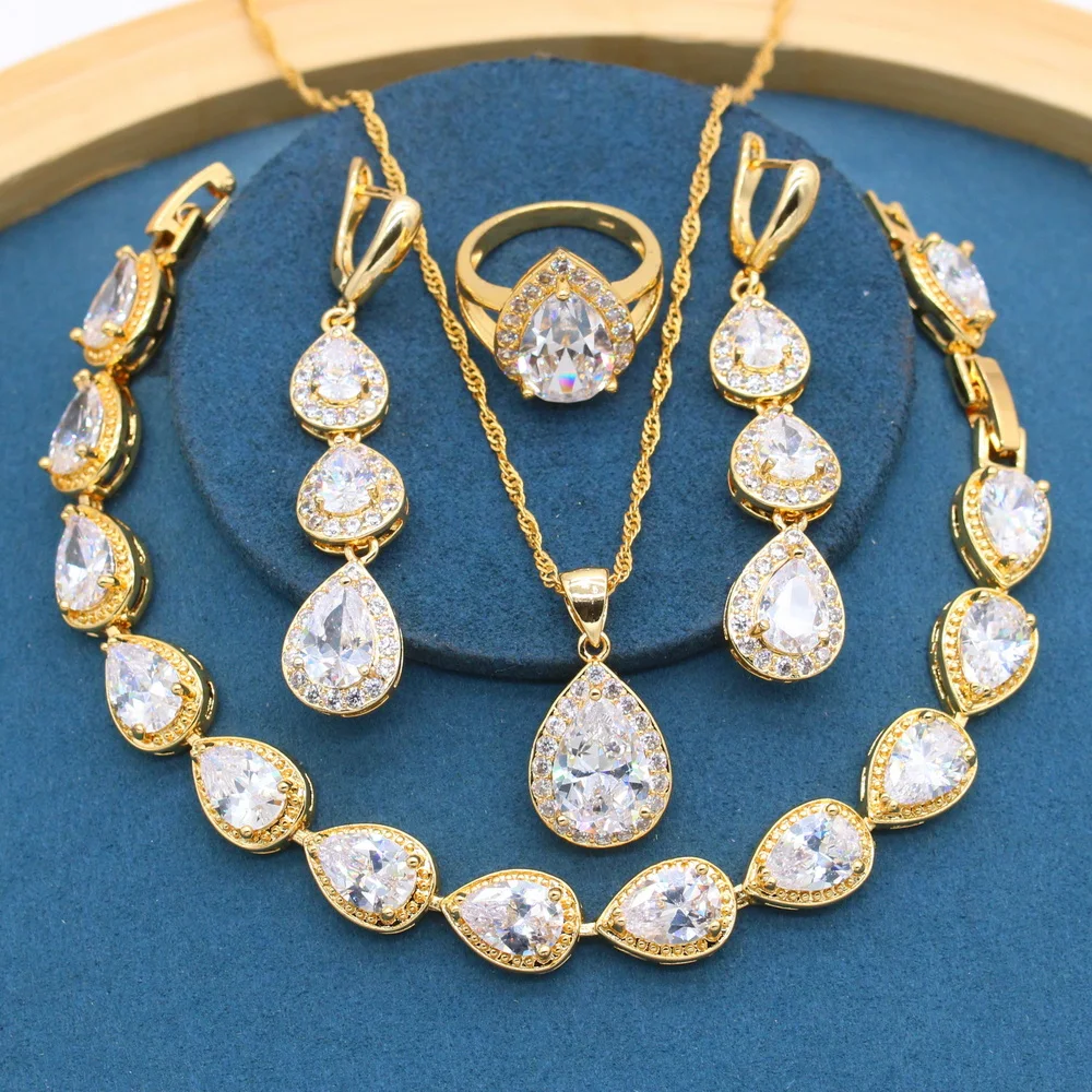Classic Water Drop White Zirconia Gold Plated Jewelry Sets for Women Long Earrings Necklace Ring Bracelet Gift Box
Classic Water Drop White Zirconia Gold Plated Jewelry Sets for Women Long Earrings Necklace Ring Bracelet Gift Box