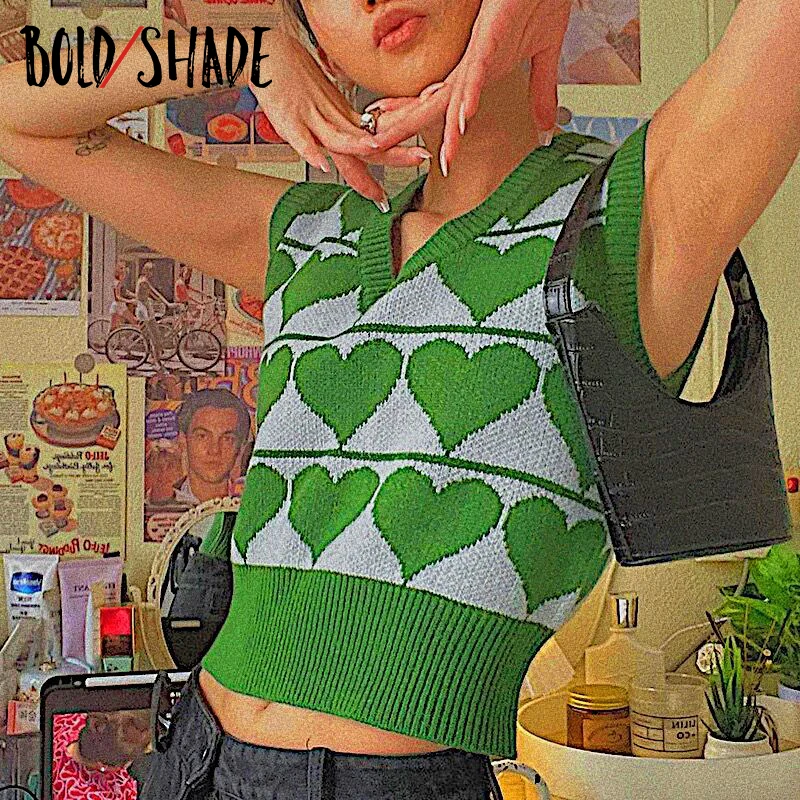 Bold Shade Heart Print V-Neck Sweater Vest Indie Aesthetic y2k Sleeveless Patchwork Pull Sweaters Green Tricot Women Crop Tops
Bold Shade Heart Print V-Neck Sweater Vest Indie Aesthetic y2k Sleeveless Patchwork Pull Sweaters Green Tricot Women Crop Tops