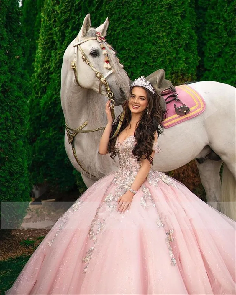 Розовое платье принцессы для Quinceanera с открытыми плечами 15 вечерние блестящие