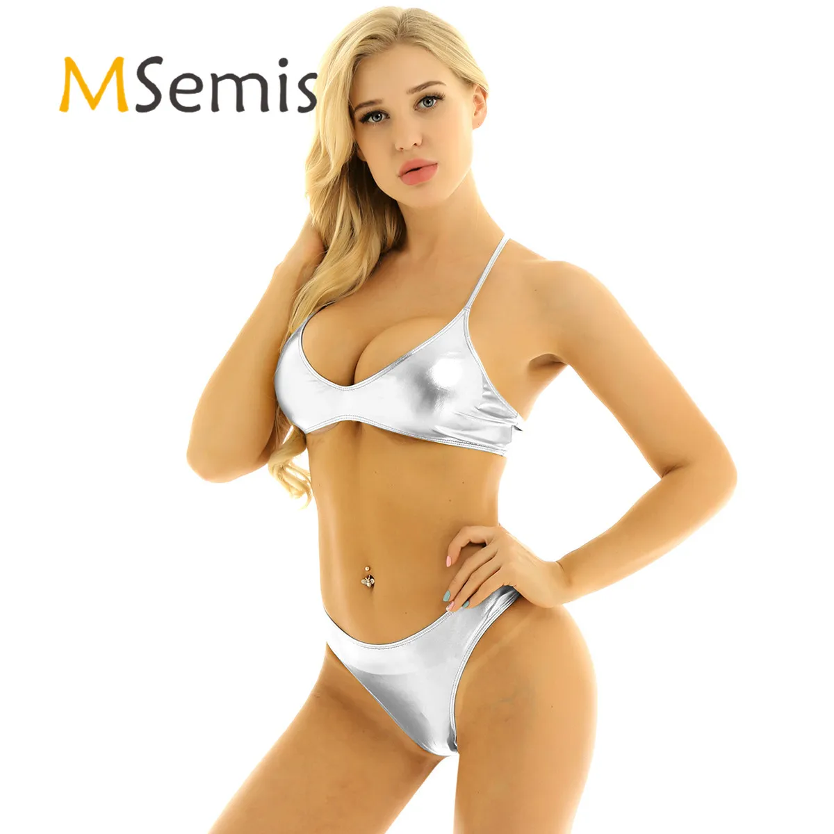Womens Shiny Metallic Bikini Swimsuit Summer Bathing Suit Swimwear Strappy Cross Back Crop Top with Low Rise Briefs Underwear
Womens Shiny Metallic Bikini Swimsuit Summer Bathing Suit Swimwear Strappy Cross Back Crop Top with Low Rise Briefs Underwear