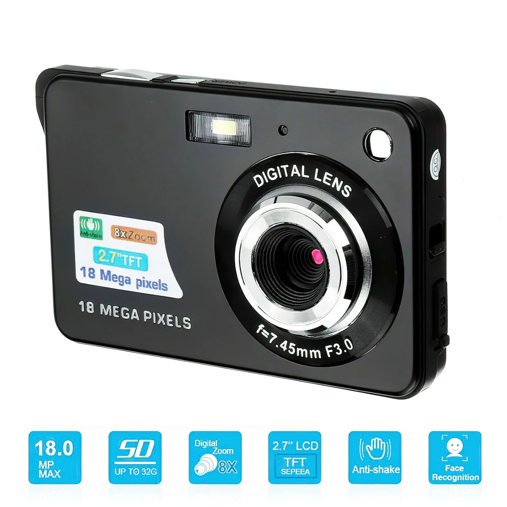 2,7 дюймовая микро Цифровая камера HD TFT ЖК-дисплей видеокамера 18 МП 720P 8-кратный зум стабилизатор видеокамера CMOS камера для путешествий дома
2,7 дюймовая микро Цифровая камера HD TFT ЖК-дисплей видеокамера 18 МП 720P 8-кратный зум стабилизатор видеокамера CMOS камера для путешествий дома