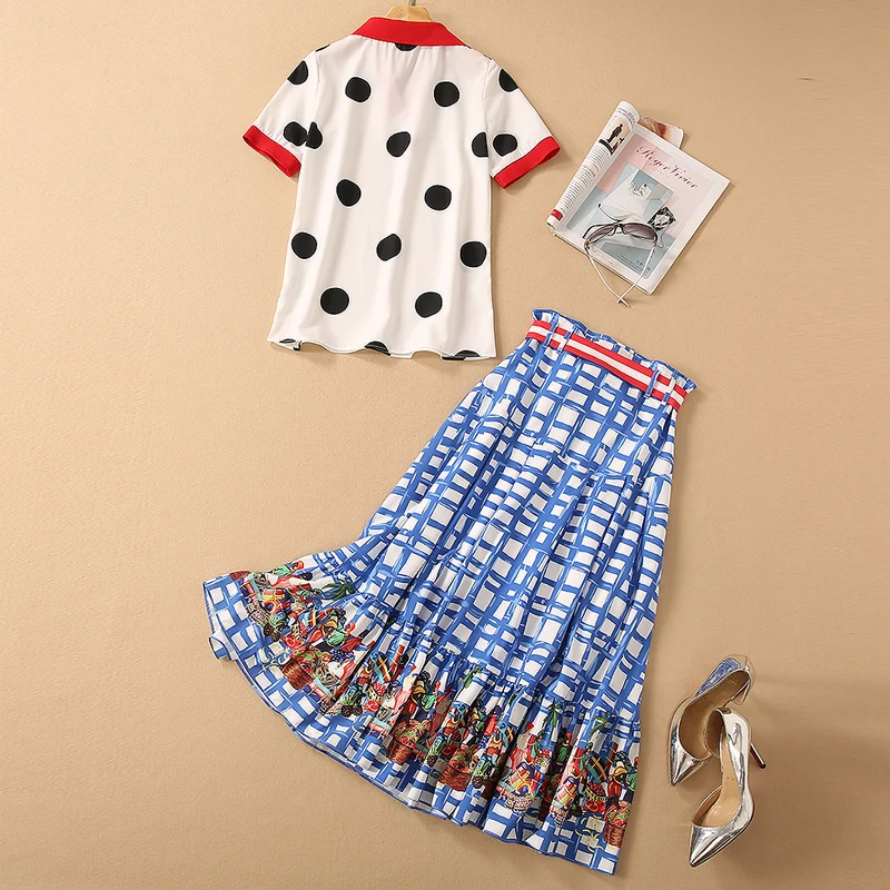 Women'S Sets Summer New Designer Lapel Polka Dot T-Shirt Tops And Blue Plaid Print Skirt Fashion Party Casual Two-Piece Suit
Women'S Sets Summer New Designer Lapel Polka Dot T-Shirt Tops And Blue Plaid Print Skirt Fashion Party Casual Two-Piece Suit