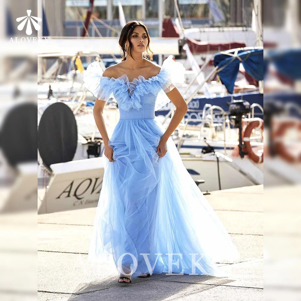 Luxury Sky Blue Tulle A-Line Evening Dresses Backless Off the Shoulder Women Party Dress V-neck Prom Gown Abendkleider Plus Size
Luxury Sky Blue Tulle A-Line Evening Dresses Backless Off the Shoulder Women Party Dress V-neck Prom Gown Abendkleider Plus Size