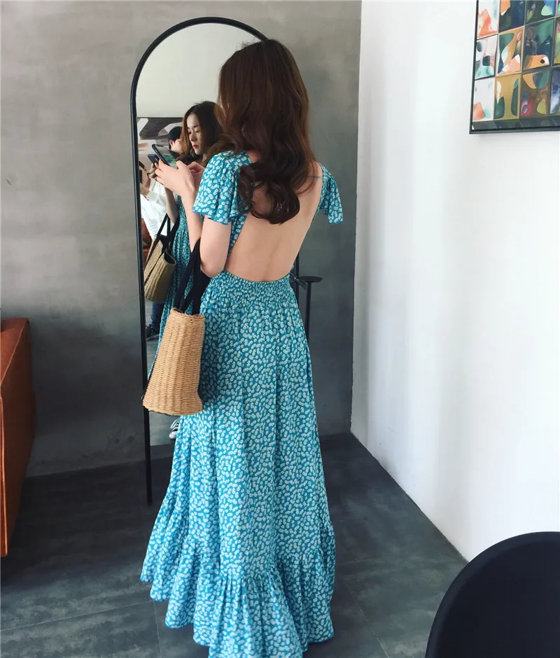 Summer New One-piece Blue Long Dress Retro Print Backless Beach Holiday Dress V Neck High Waist Slim Irregular Dress Vestidos
Summer New One-piece Blue Long Dress Retro Print Backless Beach Holiday Dress V Neck High Waist Slim Irregular Dress Vestidos
