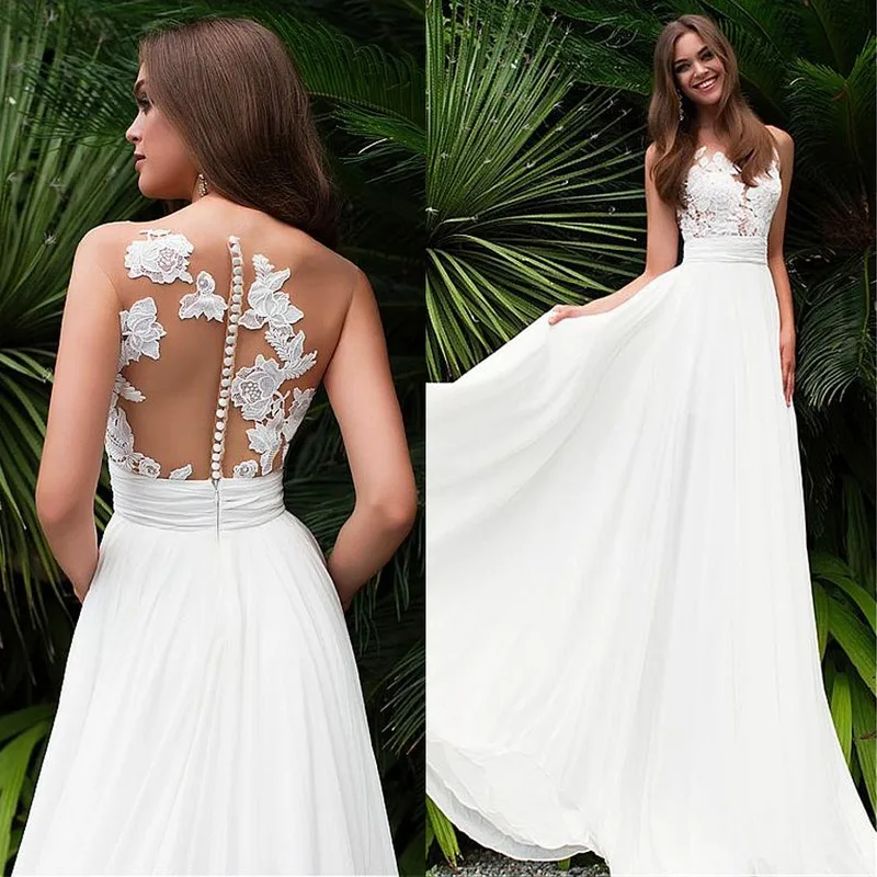 

Vestidos Elegant Tulle Chiffon Jewel Neckline See-through Bodice A-line Wedding Dress with Lace Appliques Cheap Bridal Dresses