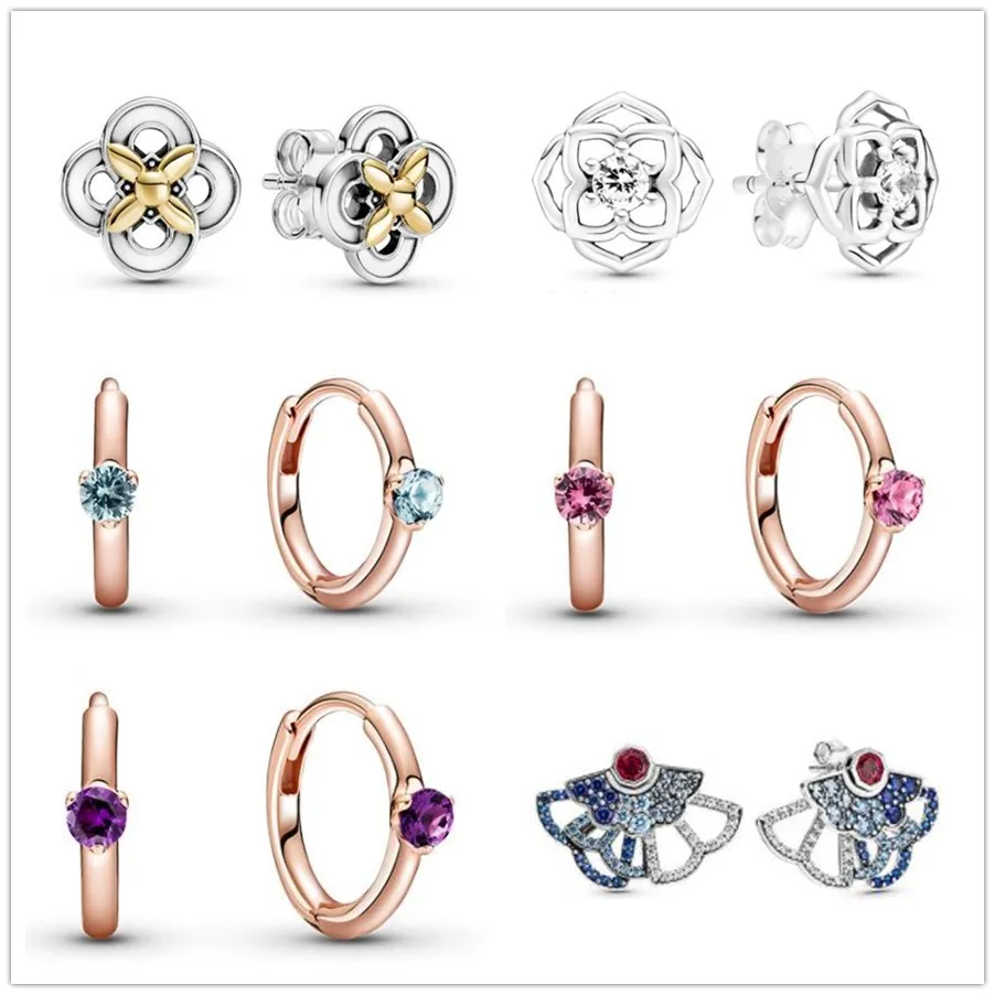

Authentic 925 Sterling Silver Earring Colours Purple Solitaire Huggie Hoop Earrings For Women Wedding Gift pandora Jewelry