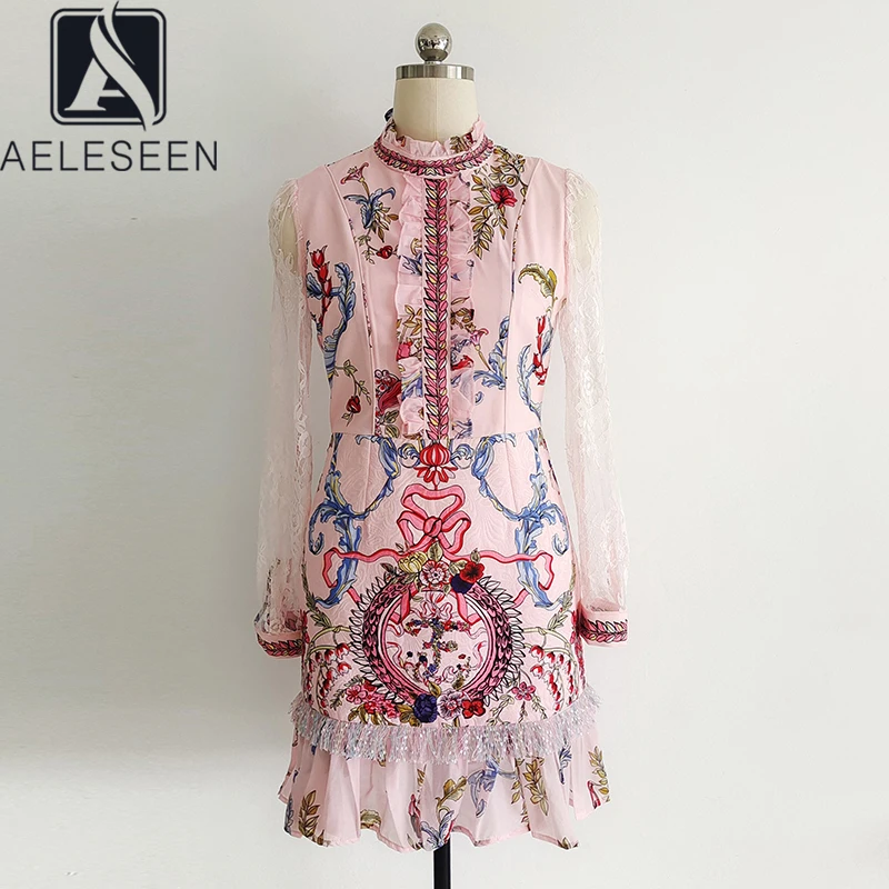 

AELESEEN модное розовое летнее платье 2021 дизайнерское элегантное мини-платье с оборками и цветочным принтом и кружевными рукавами