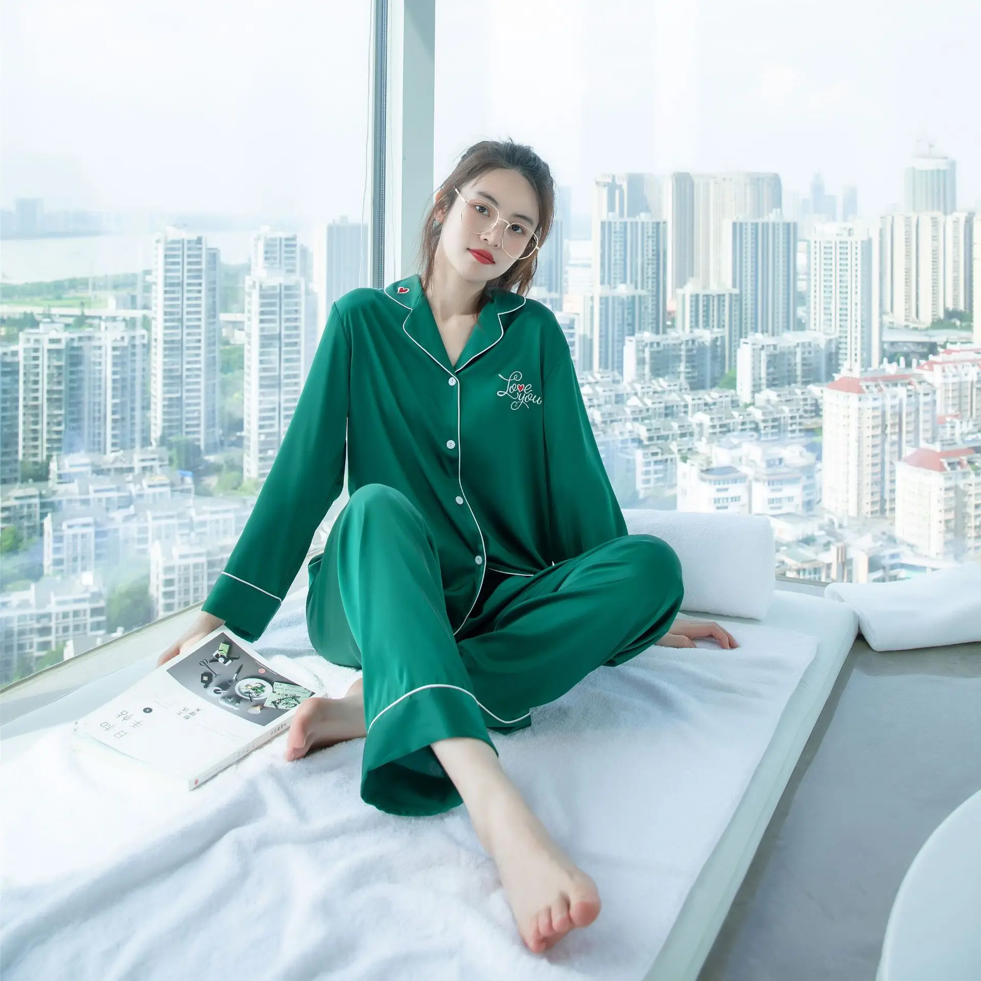 Ice silk pajamas women's long suit love embroidery silk housewear pajamas sleepwear nightgown
Ice silk pajamas women's long suit love embroidery silk housewear pajamas sleepwear nightgown
