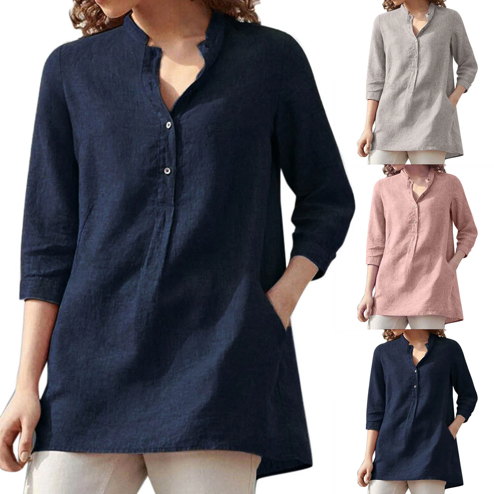 Elegant t shirt Womens V-Neck Buttons Solid Tops 3/4 Sleeve Casual Loose Shirt Fashion Cotton linen Tee Pink Top chemise femme
Elegant t shirt Womens V-Neck Buttons Solid Tops 3/4 Sleeve Casual Loose Shirt Fashion Cotton linen Tee Pink Top chemise femme
