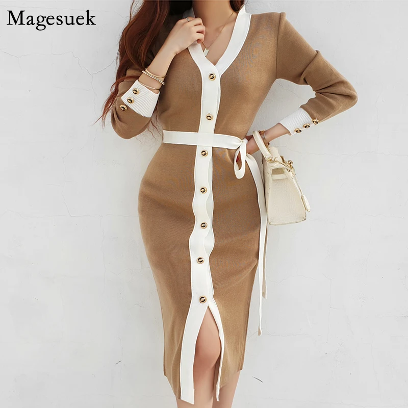 New Spring Knitted Sweater Dress Women V-neck Midi Pencil Dress Female Single Breasted Sashes Office Lady Dresses Vestidos 12923
New Spring Knitted Sweater Dress Women V-neck Midi Pencil Dress Female Single Breasted Sashes Office Lady Dresses Vestidos 12923