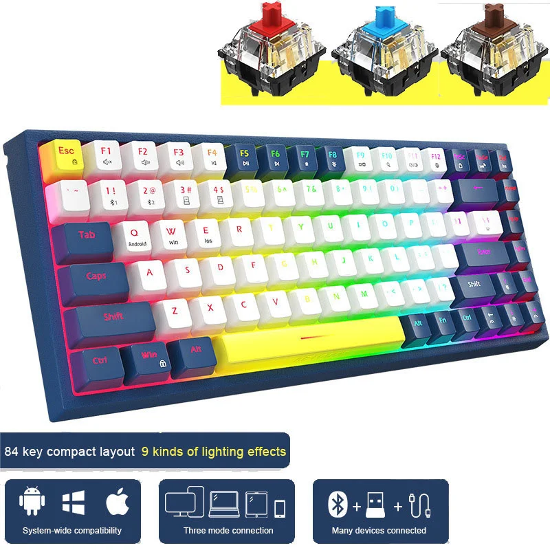 Беспроводная механическая клавиатура, 84 клавиши, RGB BT5.0, 26 клавиш, колпачки клавиш с защитой от призраков, профиль вишни, три модели клавиатур...
Беспроводная механическая клавиатура, 84 клавиши, RGB BT5.0, 26 клавиш, колпачки клавиш с защитой от призраков, профиль вишни, три модели клавиатур...
