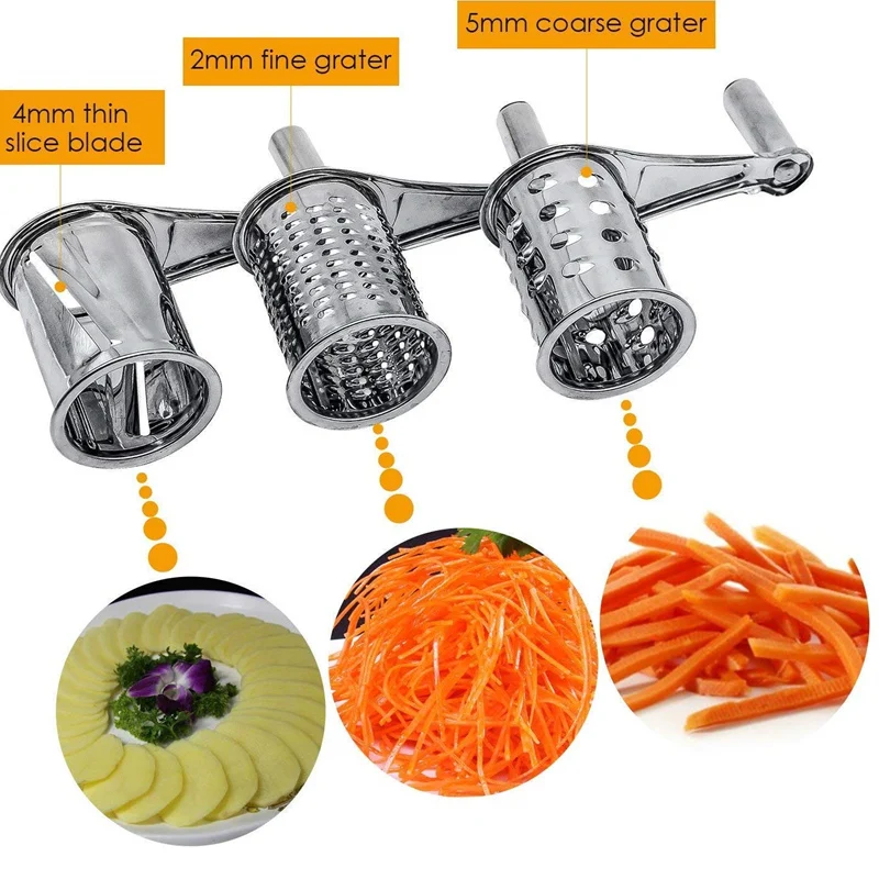 Rotary Cheese Grater Vegetable Cutter Slicer Shredder with 3 Interchanging Rotary Cylinders Stainless Steel Drums & Slicer
Rotary Cheese Grater Vegetable Cutter Slicer Shredder with 3 Interchanging Rotary Cylinders Stainless Steel Drums & Slicer