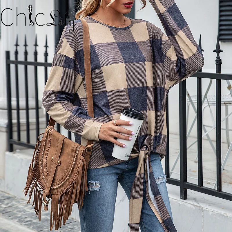 Plaid O-Neck Long Sleeve Top Long Sleeve Elegant Tie Blouse Office Large Size Women Tops Casual Shirts 
Plaid O-Neck Long Sleeve Top Long Sleeve Elegant Tie Blouse Office Large Size Women Tops Casual Shirts