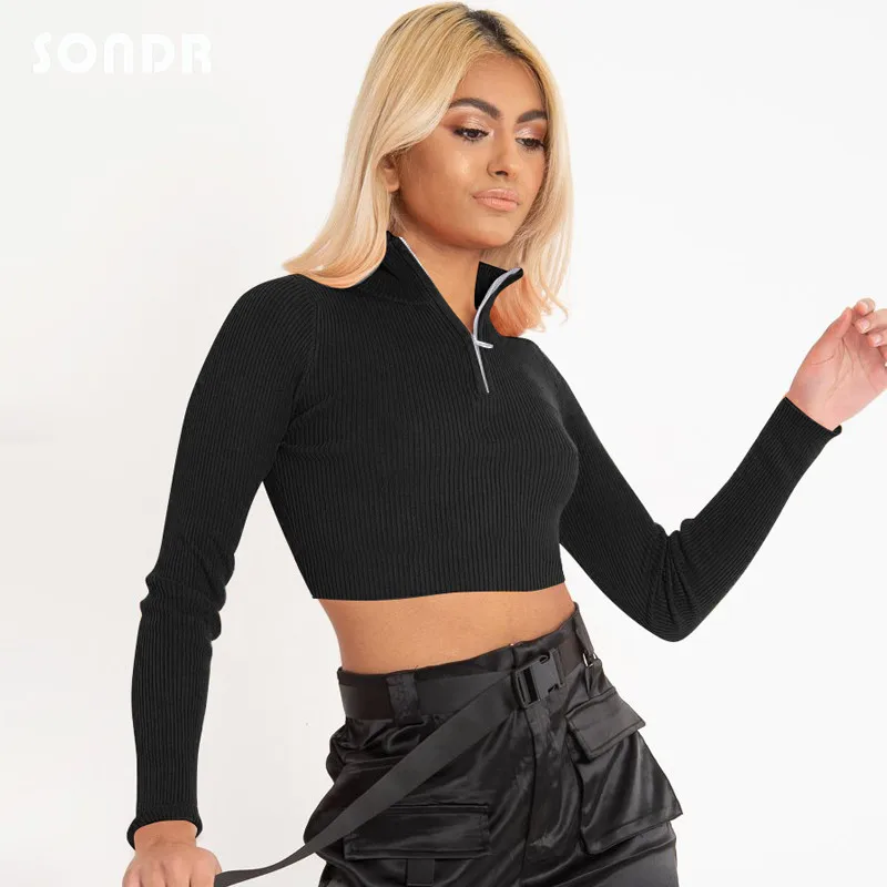 

SONDR Women T-shirt Spring Autumn Zipper Up Slim Ribbed Short Crop Tops Female Sexy Stitch Knitted Turtleneck Tee Solid T Shirts