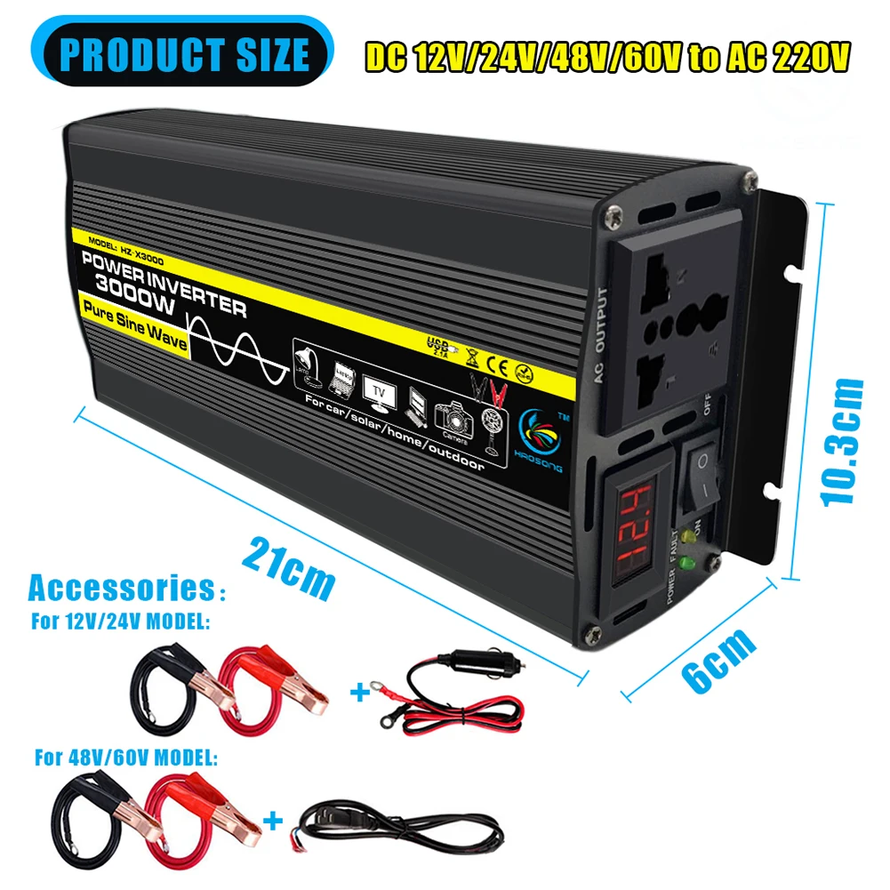 3000W Car Power Inverter Modified Sine Wave LED Display DC 12V/24V/48V/60V To AC 220V Solar Car Transformer Convert
3000W Car Power Inverter Modified Sine Wave LED Display DC 12V/24V/48V/60V To AC 220V Solar Car Transformer Convert