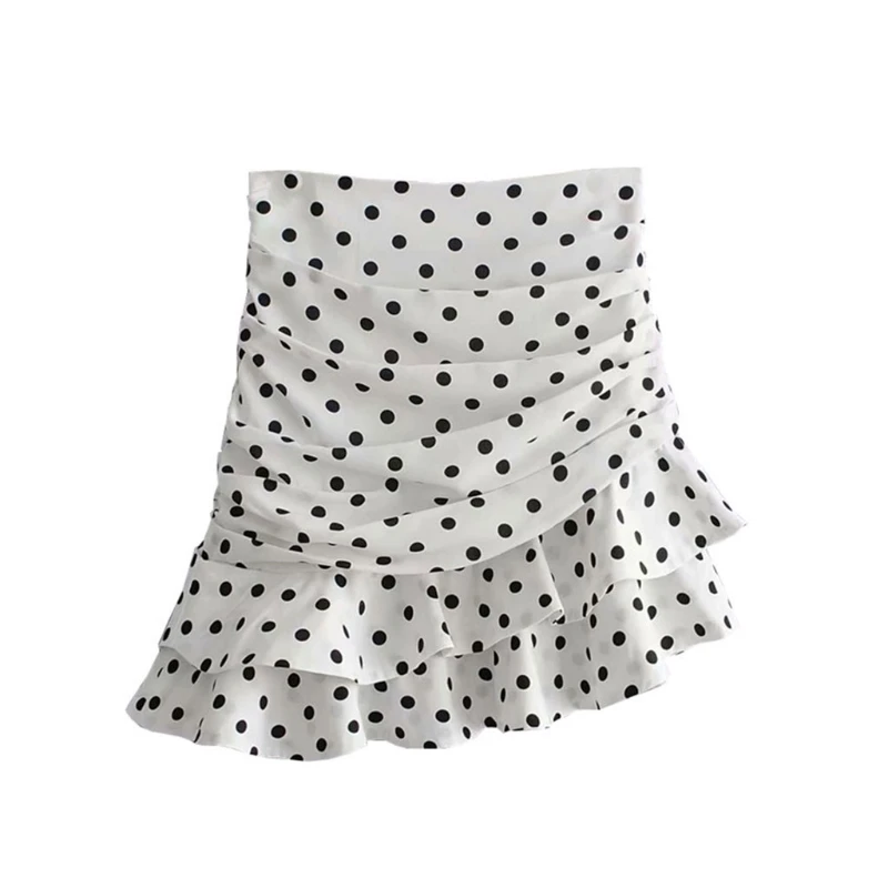 

LXAE Women Summer Polka Dot Print Pleated Asymmetrical Mini Skirt Vintage Ruched High Waist Ruffled Hem Back Zipper Elegant Slim