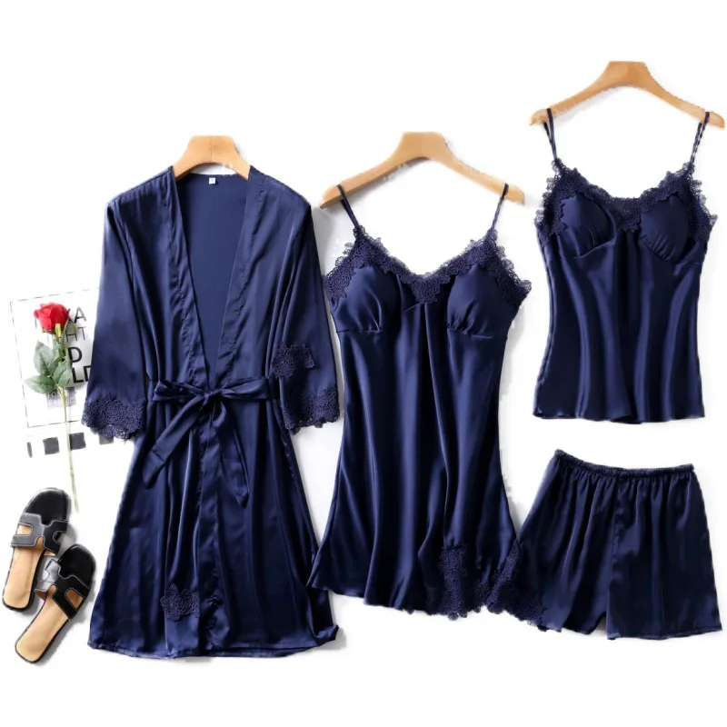 Spring And Summer New Korean Version Of Artificial Silk Sexy Women's Pajamas Ladies Suspenders Nightgown Shorts Four-piece
Spring And Summer New Korean Version Of Artificial Silk Sexy Women's Pajamas Ladies Suspenders Nightgown Shorts Four-piece