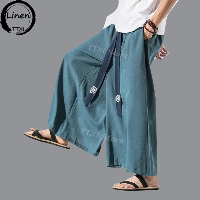 

Chinese Style Linen Pants Men Loose Flared Pants Large Size 5XL Fashion Casual Wide-Leg Pants Yoga Skirt Pants Thai Trousers