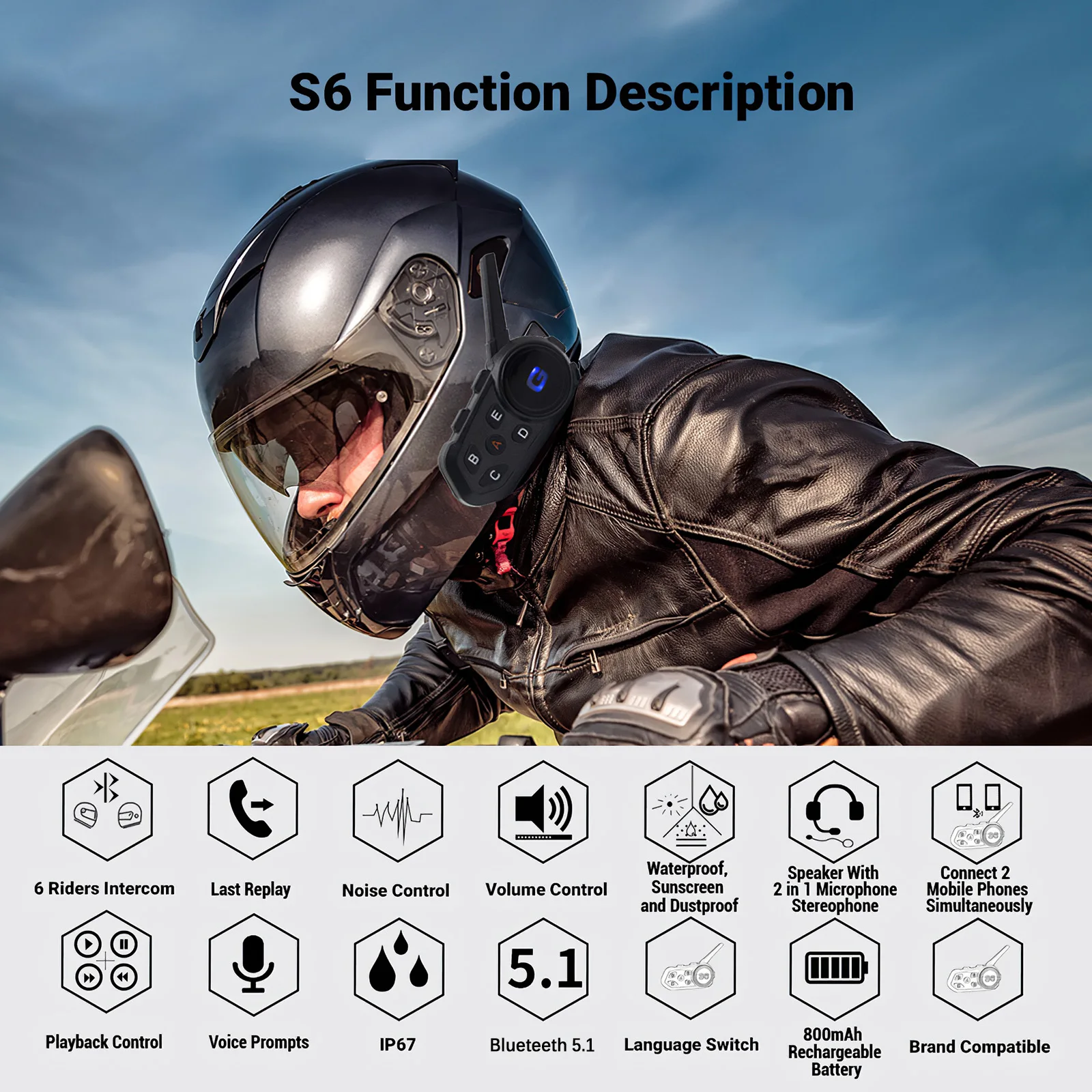 Рация для мотоциклетного шлема Bluetooth 5,1, 2 человека (третий разъем слышит только), последовательное соединение, шум звонка CVC
Рация для мотоциклетного шлема Bluetooth 5,1, 2 человека (третий разъем слышит только), последовательное соединение, шум звонка CVC