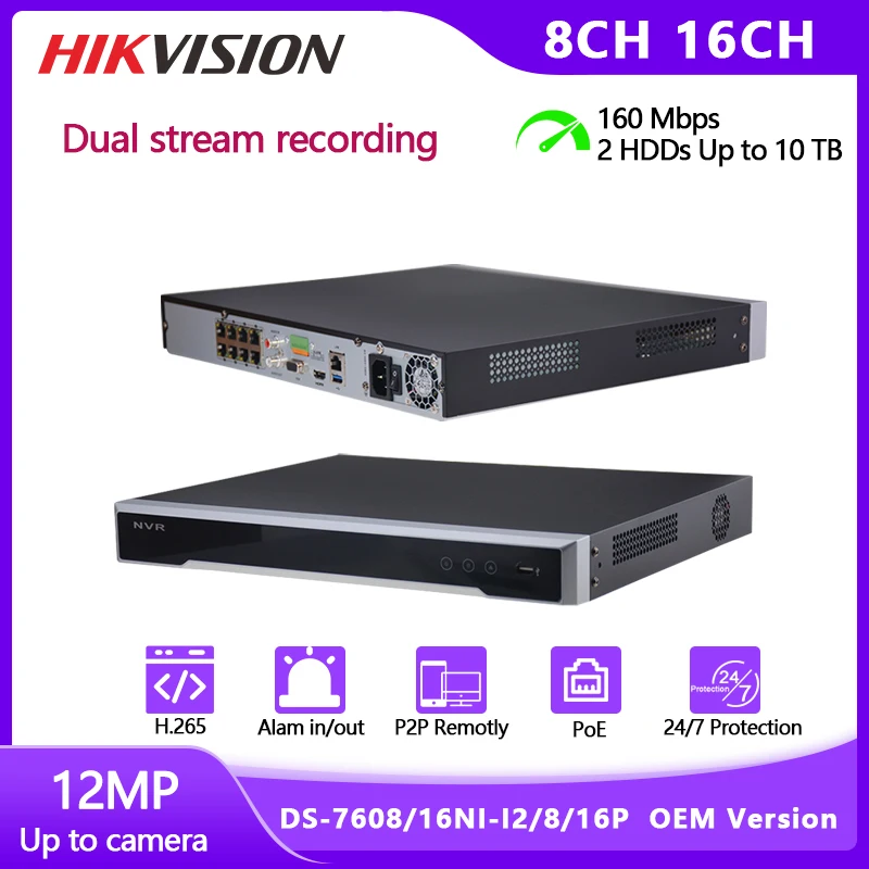 

Hikvision 8CH 16CH NVR With Dual Stream Recording OEM DS-7608NI-I2/8P DS-7616NI-I2/16P POE Network Video Recorder 12mp IP Camera