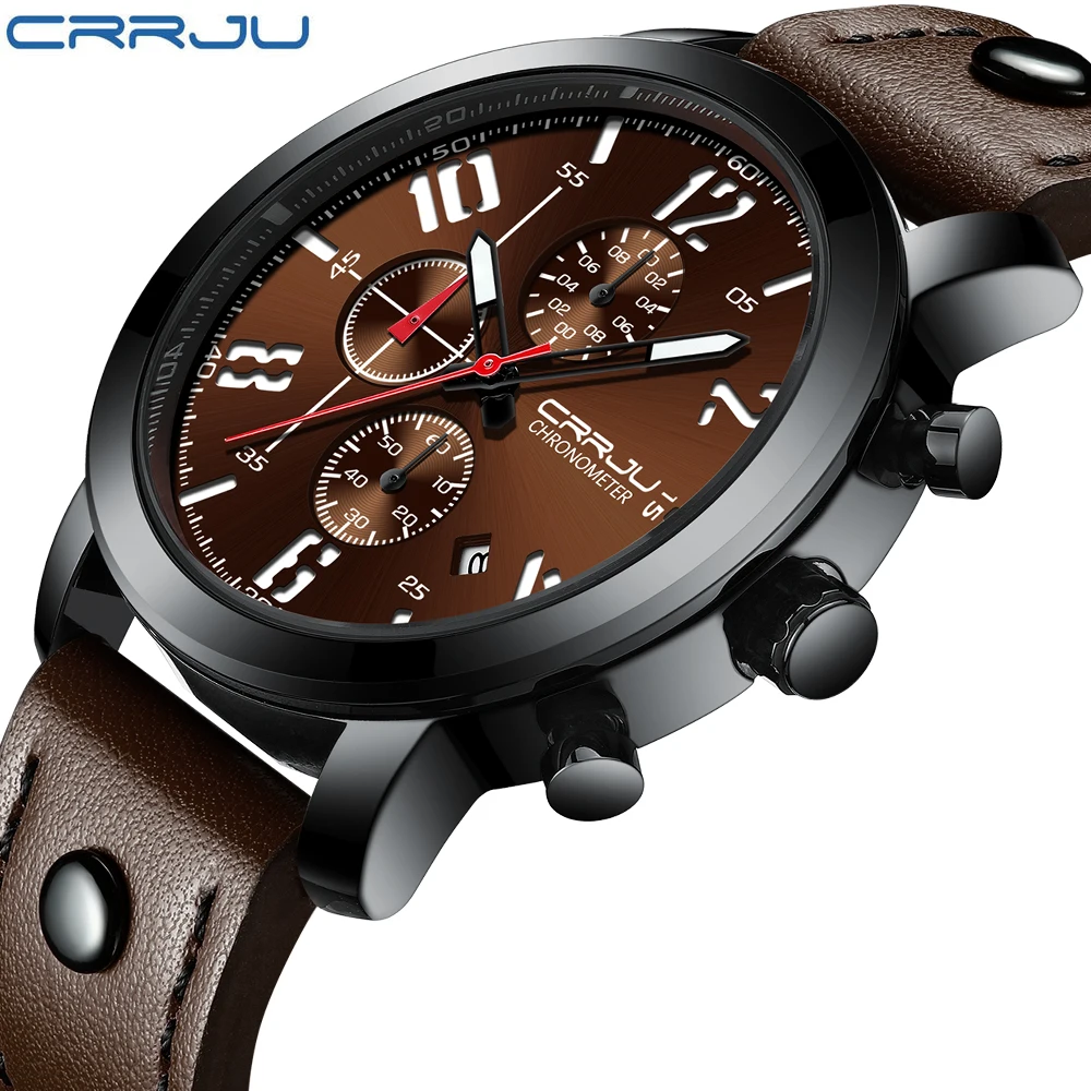 

Часы CRRJU Мужские кварцевые с кожаным ремешком, роскошные Брендовые спортивные с хронографом, с 24-часовым циферблатом, с датой