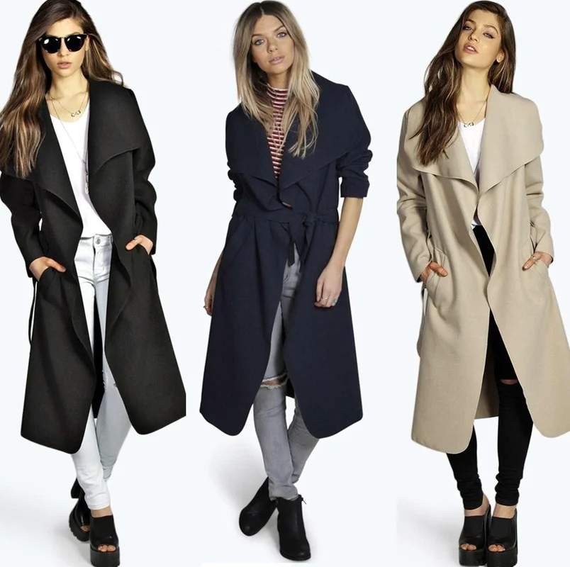 

ZOGAA Plus Size Women's Long Trench Coat Wool Blend Overcoat Casual Long-sleeved Belted Loose Solid Womens Coats windbreaker