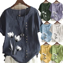 Womens Summer New Fashion Casual Linen Shirt Round Neck Printing T-shirt Short Sleeve Tops Loose Blouse S-5XL