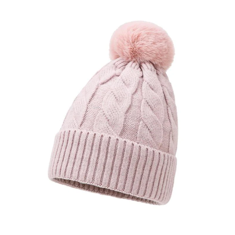 

Women Winter Hat Thicked Plush Inside Knitted Beanie With Pom-poms Female Warm Ski Outdoor Flanging Twist Caps For Woman