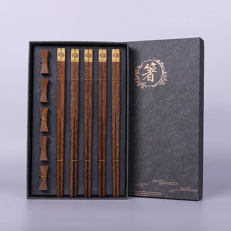 

High Quality Premium Wooden Gift Box Packaging Household Cylindrical Natural Wenge Wooden Chopsticks Tableware Set