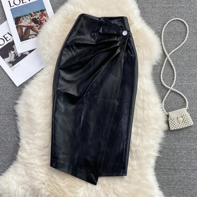 Женская Кожаная Юбка До Колена, с завышенной талией и разрезом
Женская Кожаная Юбка До Колена, с завышенной талией и разрезом