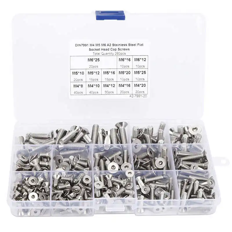 260Pcs Flat Screw Set M4/M5/M6 Hex Socket Stainless Steel 304 for Electronics Industry Fasteners Flat Screw
260Pcs Flat Screw Set M4/M5/M6 Hex Socket Stainless Steel 304 for Electronics Industry Fasteners Flat Screw