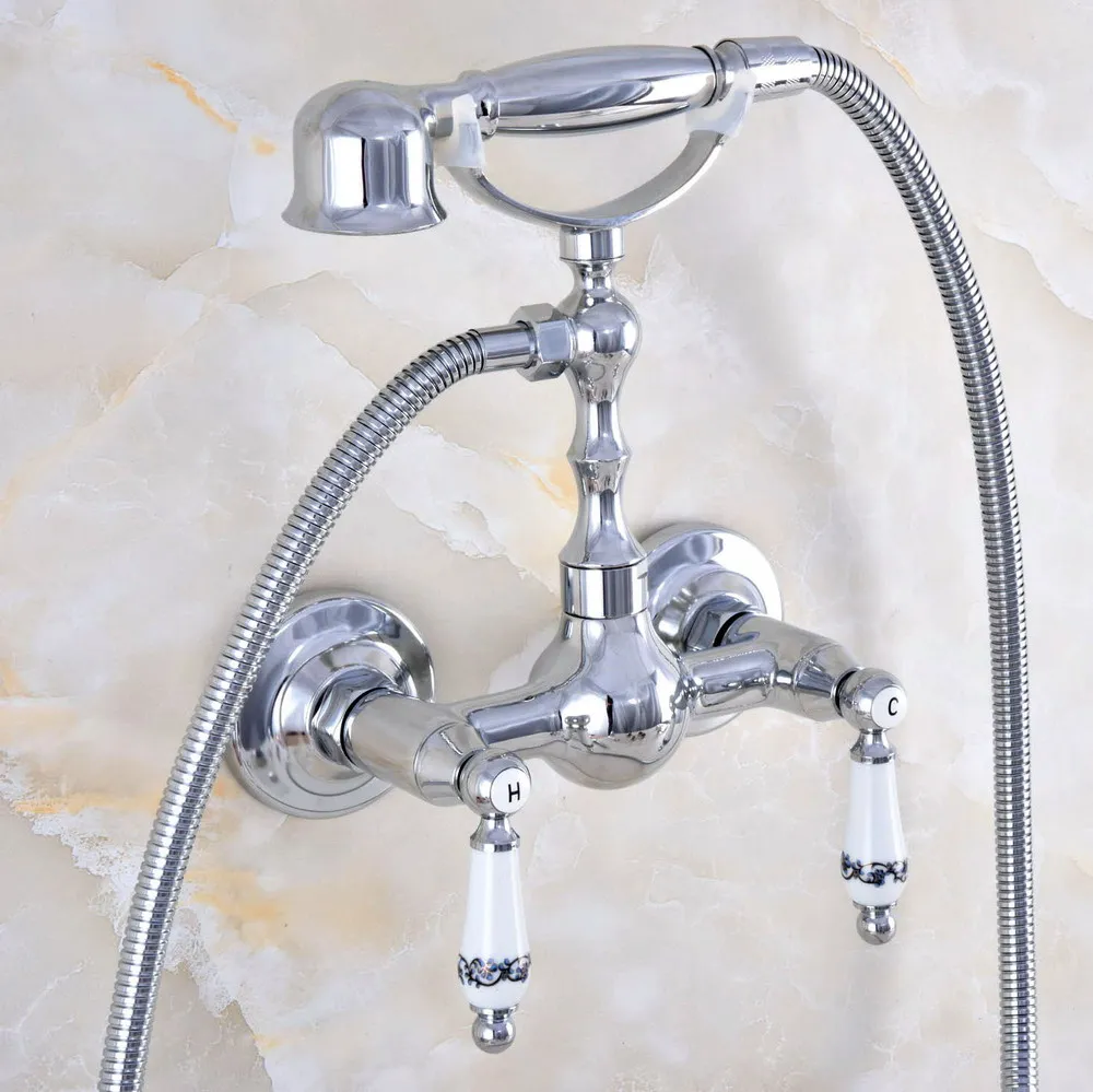 

Contemporary Chrome Brass Cross Handle Wall Mounted 2 Hole Bathtub Faucet with Handheld Shower Set +150CM Hose Mixer Tap 2tf837