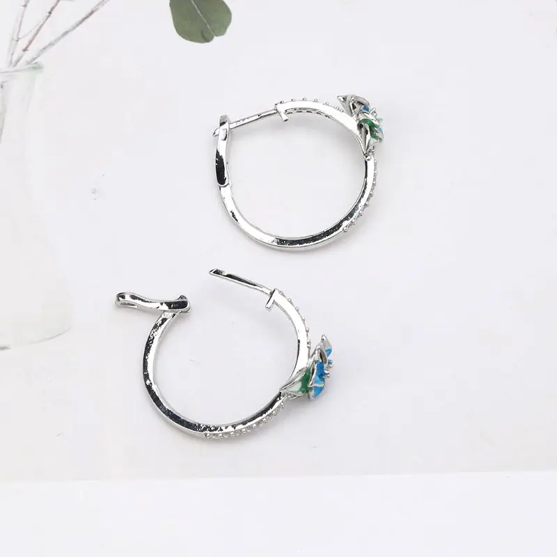 Enamel Floral Zircon Blue Blooming Flower Hoop Earrings Women Fashion Jewerly