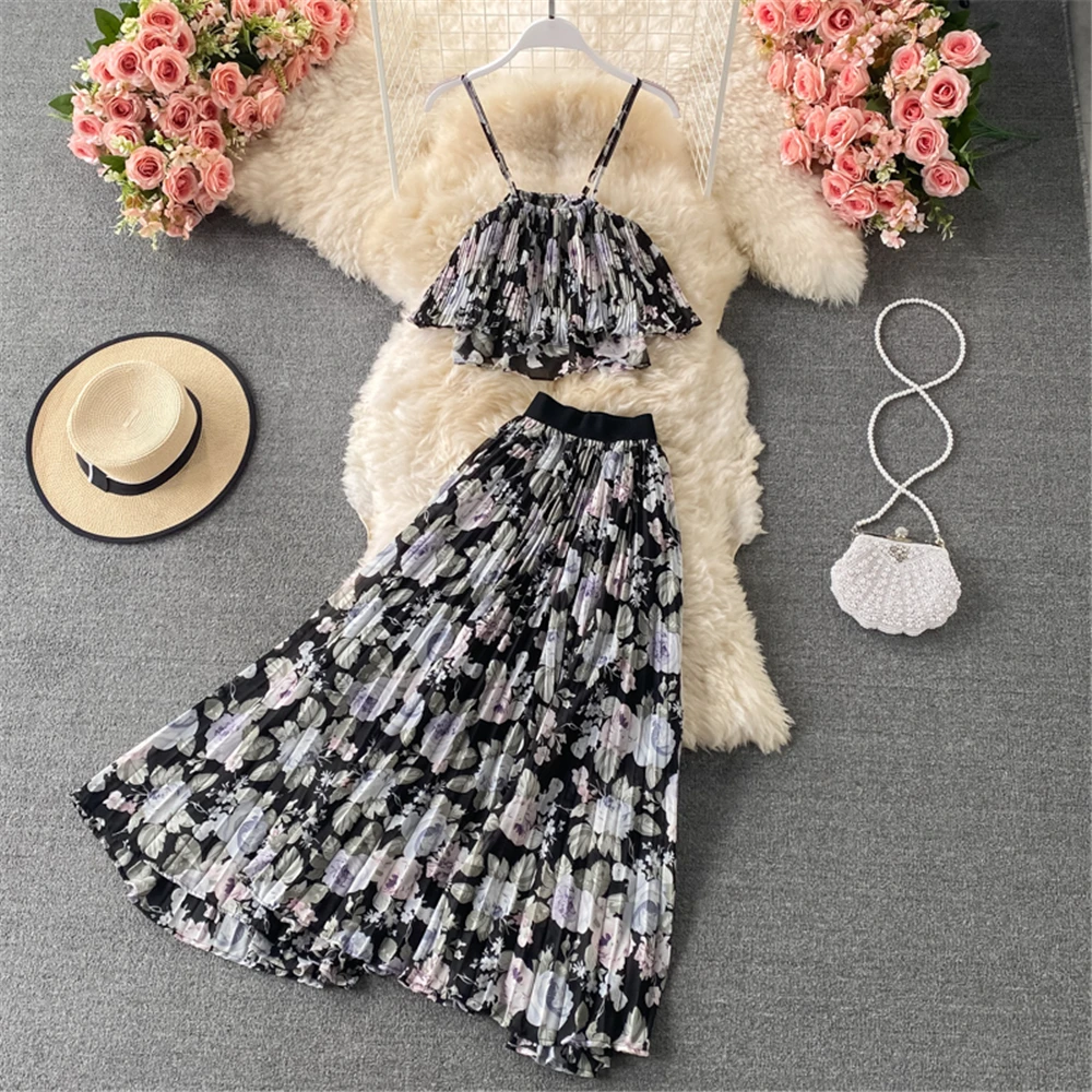 Women Beach Floral Sling Dress Suit Summer Holiday Sling Printed Vest High Waist Midi Pleated Skirt Two Pieces Set Female 2021
Women Beach Floral Sling Dress Suit Summer Holiday Sling Printed Vest High Waist Midi Pleated Skirt Two Pieces Set Female 2021