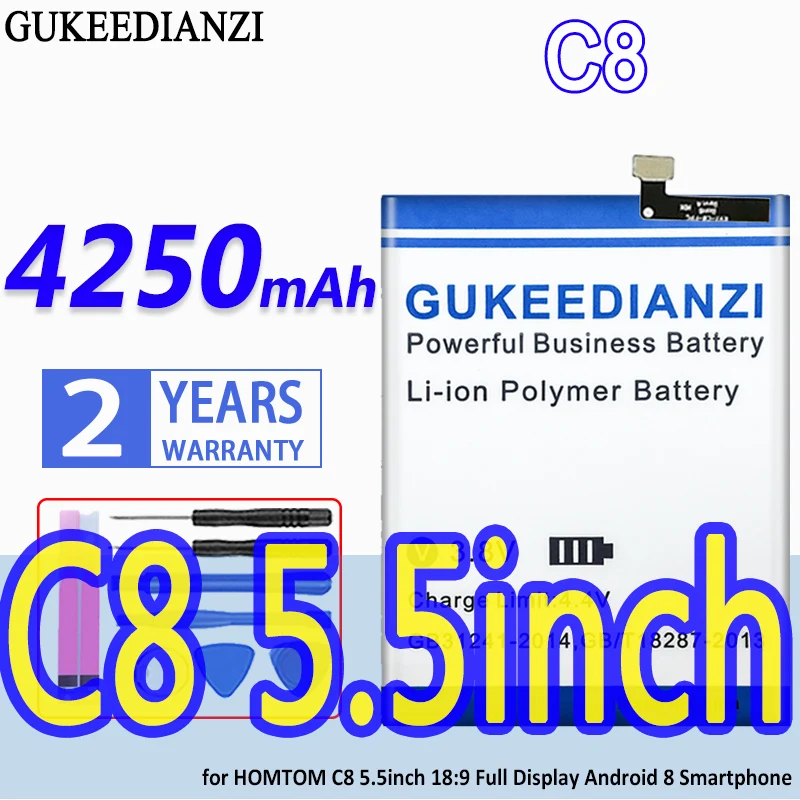 Аккумулятор высокой емкости 4250 мАч GUKEEDIANZI для смартфона HOMTOM C8 с экраном 5,5 дюймов и соотношением сторон 18:9 на базе Android 8.