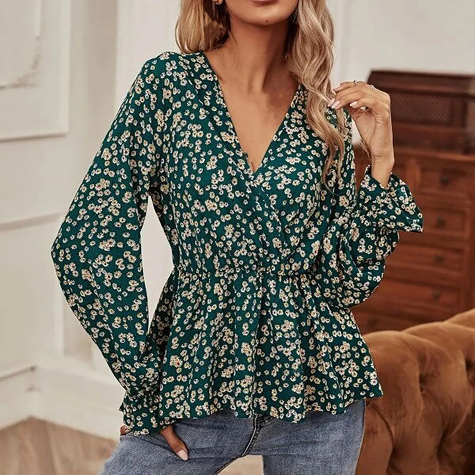 Flower Pattern Blouse Long Ruffle Sleeve Tops Spring Summer V Neck Shirts Pullover
Flower Pattern Blouse Long Ruffle Sleeve Tops Spring Summer V Neck Shirts Pullover