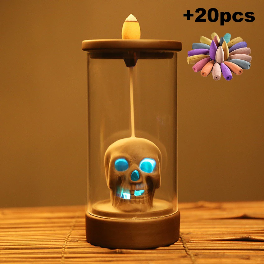 

LED Skull backflow incense burner Windproof Waterfall Backflow Home office Tea House Decorate Ceramic Incense Fountain