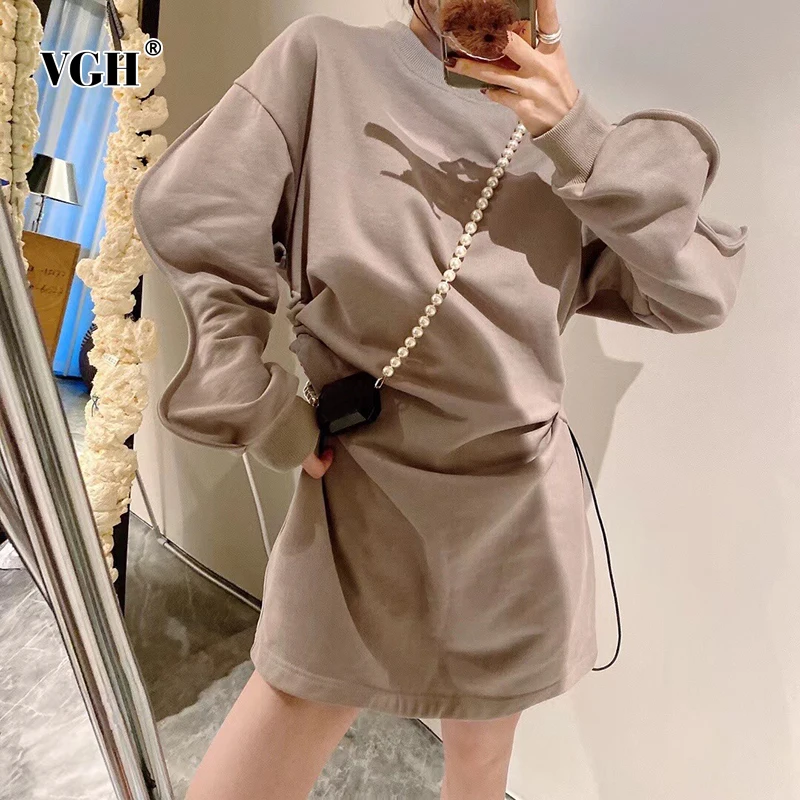VGH Casual Folds Drawstring Solid Loose Dress Females Round Neck Long Sleeve Temperament Dresses For Women Autumn Style 2021 New
VGH Casual Folds Drawstring Solid Loose Dress Females Round Neck Long Sleeve Temperament Dresses For Women Autumn Style 2021 New